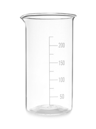 Photo of Empty beaker on white background. Laboratory glassware