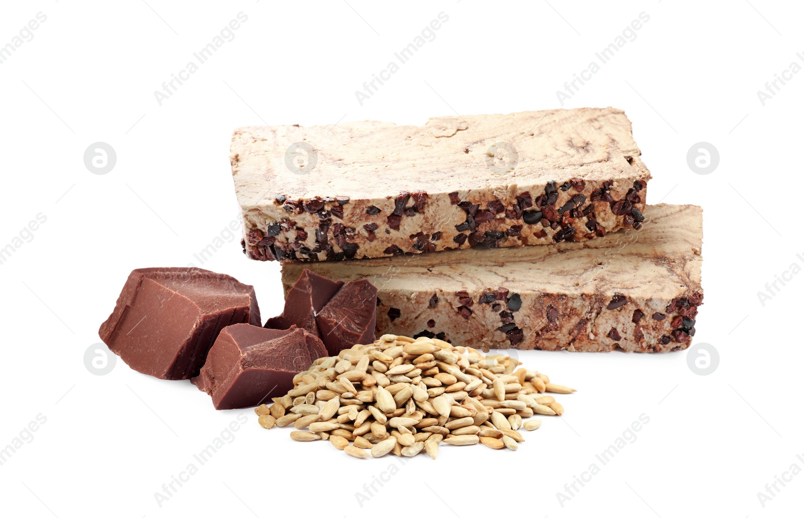 Image of Tasty halva, pieces of chocolate and peeled sunflower seeds isolated on white