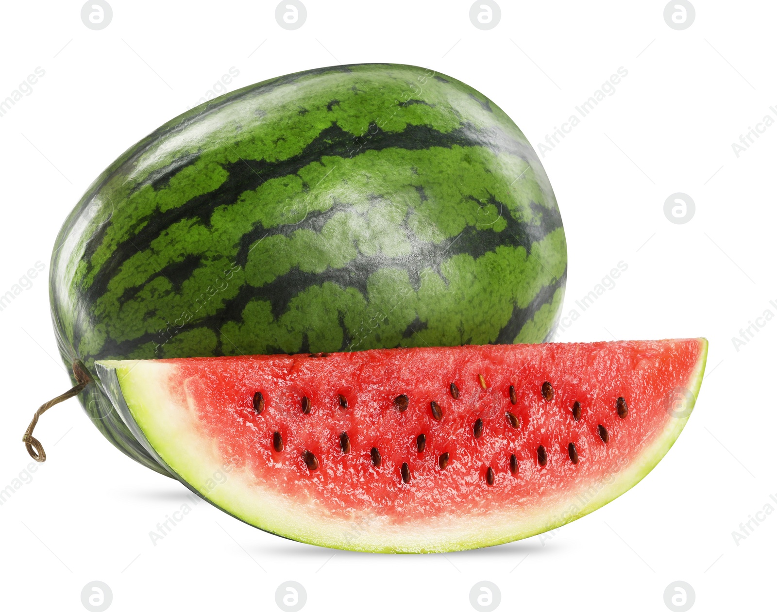 Photo of Whole and cut delicious ripe watermelon on white background
