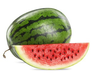Whole and cut delicious ripe watermelon on white background