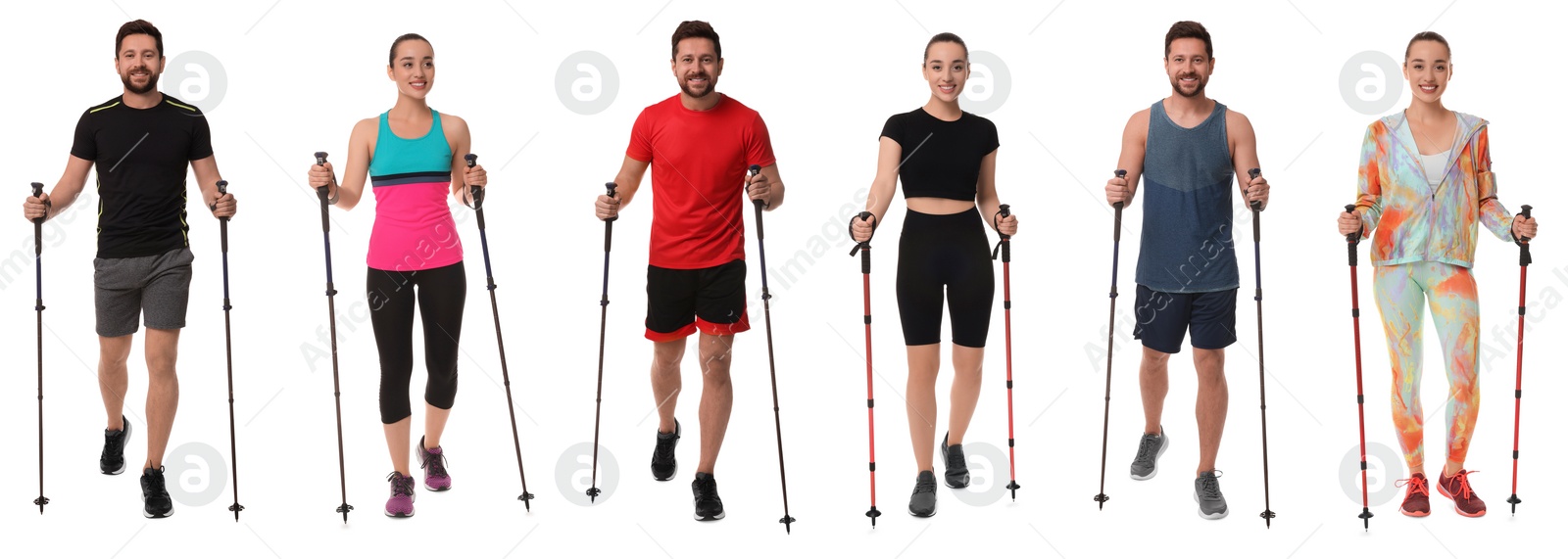 Image of Sporty man and woman with Nordic walking poles on white background, collage with photos