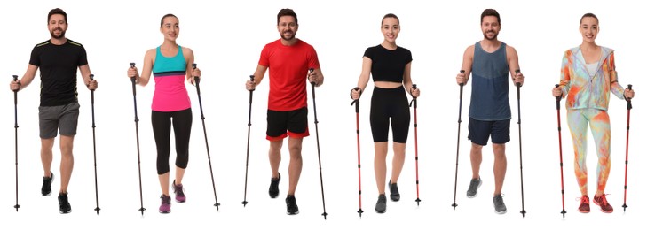 Sporty man and woman with Nordic walking poles on white background, collage with photos