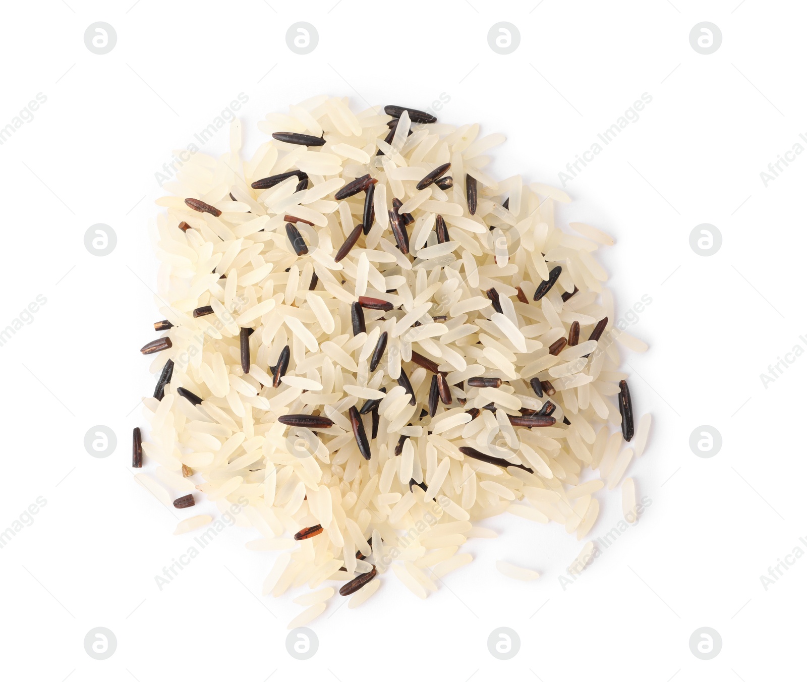 Photo of Mix of brown and polished rice isolated on white, top view