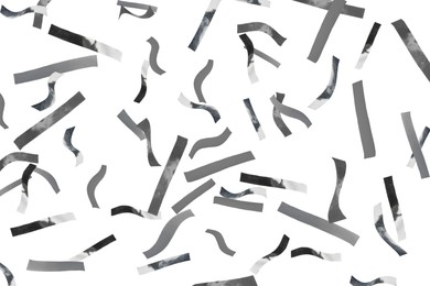 Image of Shiny silver confetti falling on white background