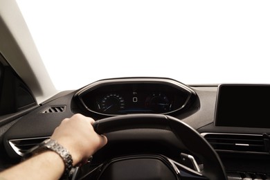Photo of Speedometer and tachometer on dashboard. Man driving car, closeup