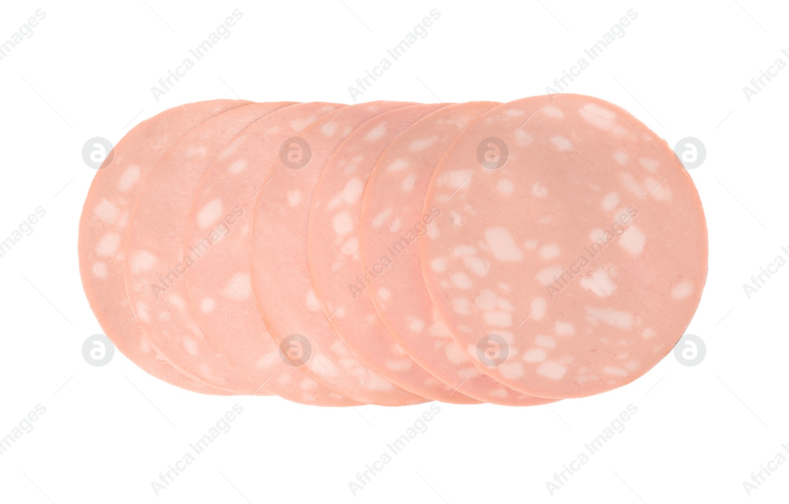 Photo of Slices of delicious boiled sausage on white background, top view