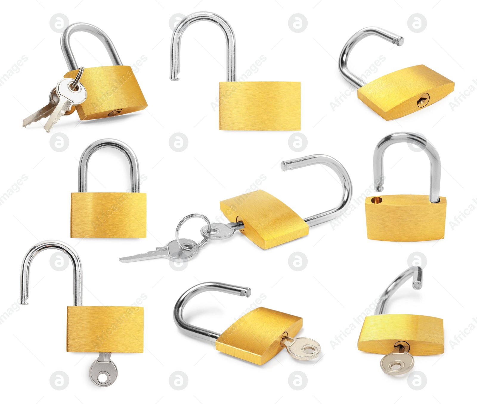 Image of Steel padlock isolated on white, different sides. Set