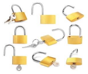 Image of Steel padlock isolated on white, different sides. Set