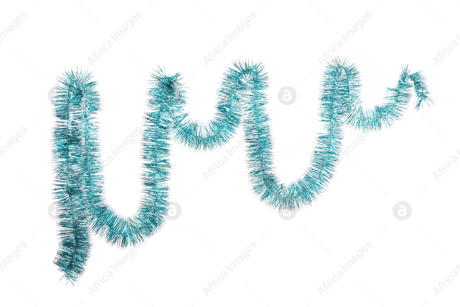 Photo of Shiny light blue tinsel isolated on white. Christmas decoration