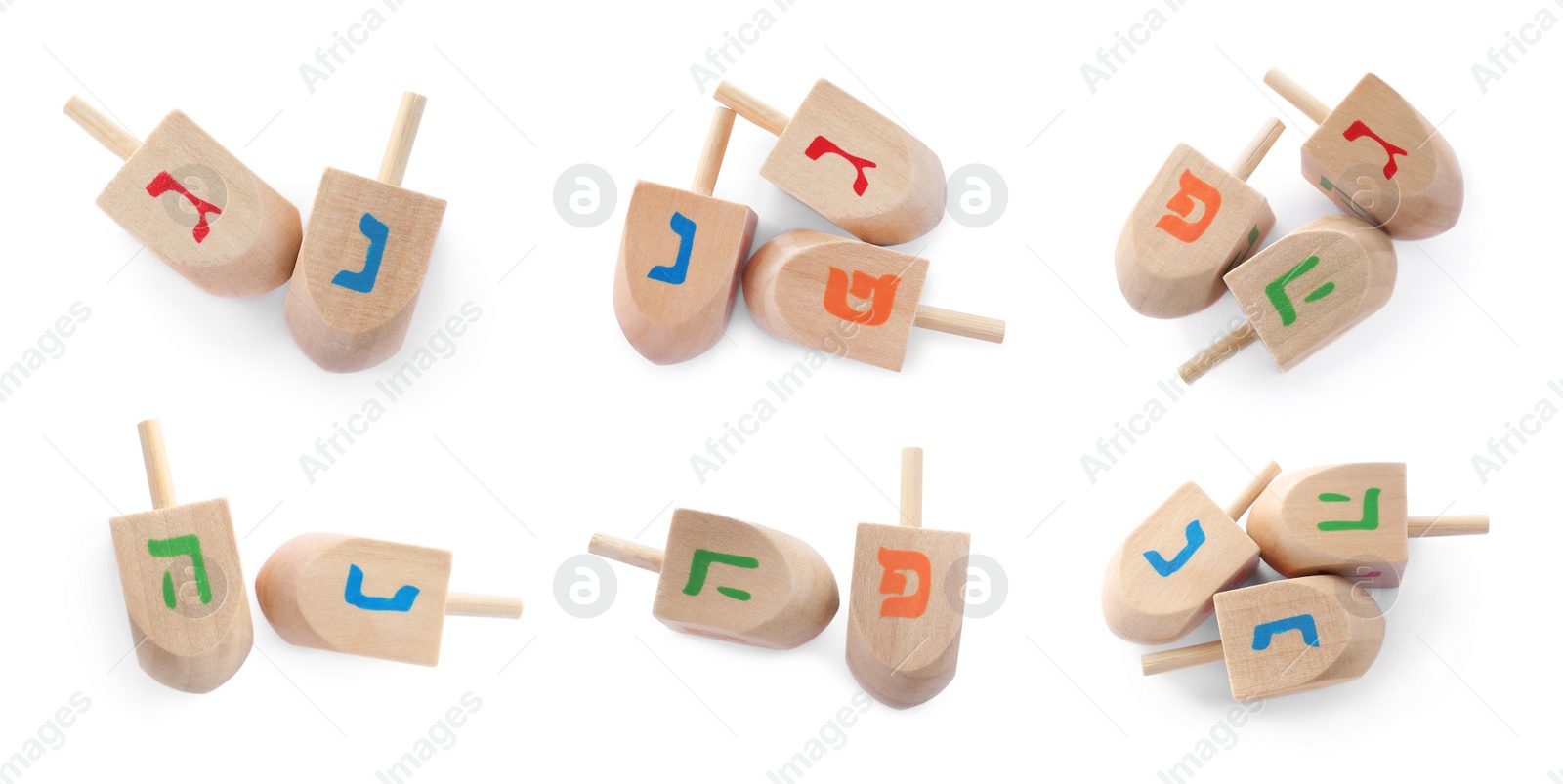 Image of Hanukkah traditional dreidels with letters on white background, collage. Banner design