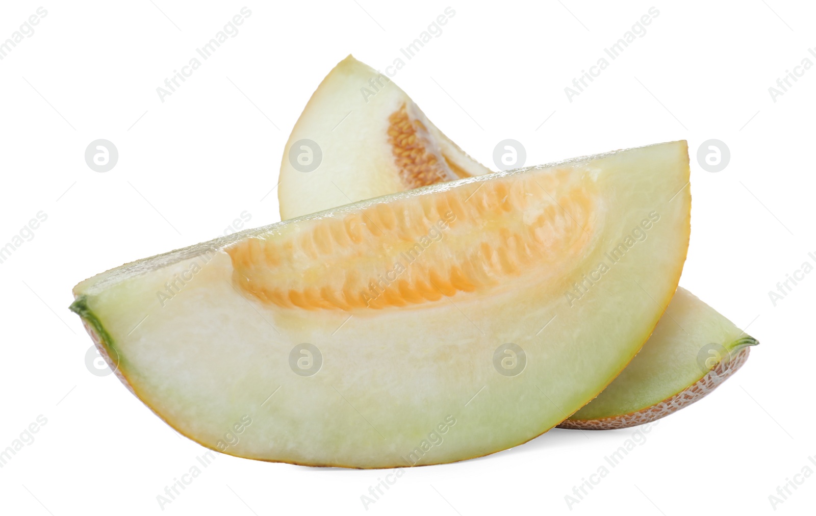 Photo of Pieces of delicious honeydew melon isolated on white
