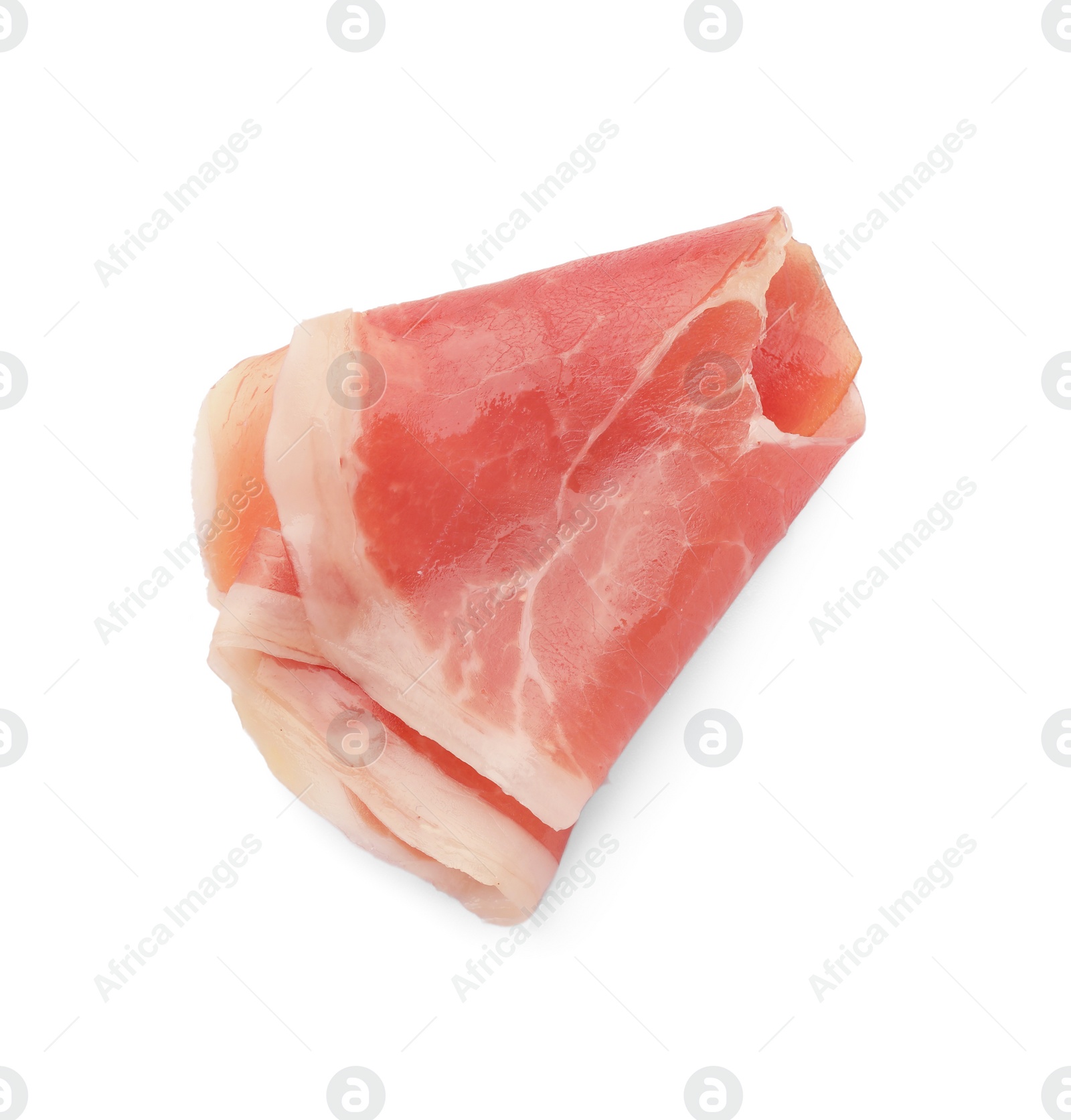 Photo of Slice of tasty jamon isolated on white, top view