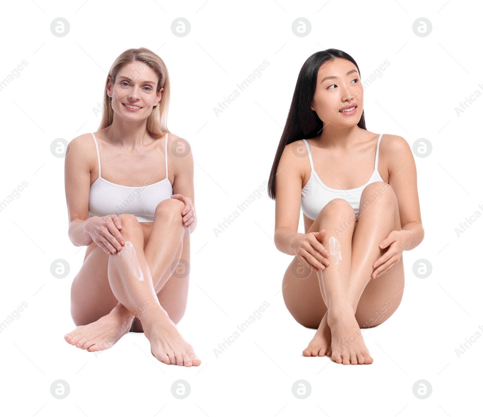 Image of Collage with photos of women applying body cream on white background