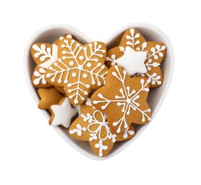 Tasty star shaped Christmas cookies with icing isolated on white, top view