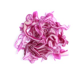 Photo of Shredded fresh red cabbage isolated on white, top view