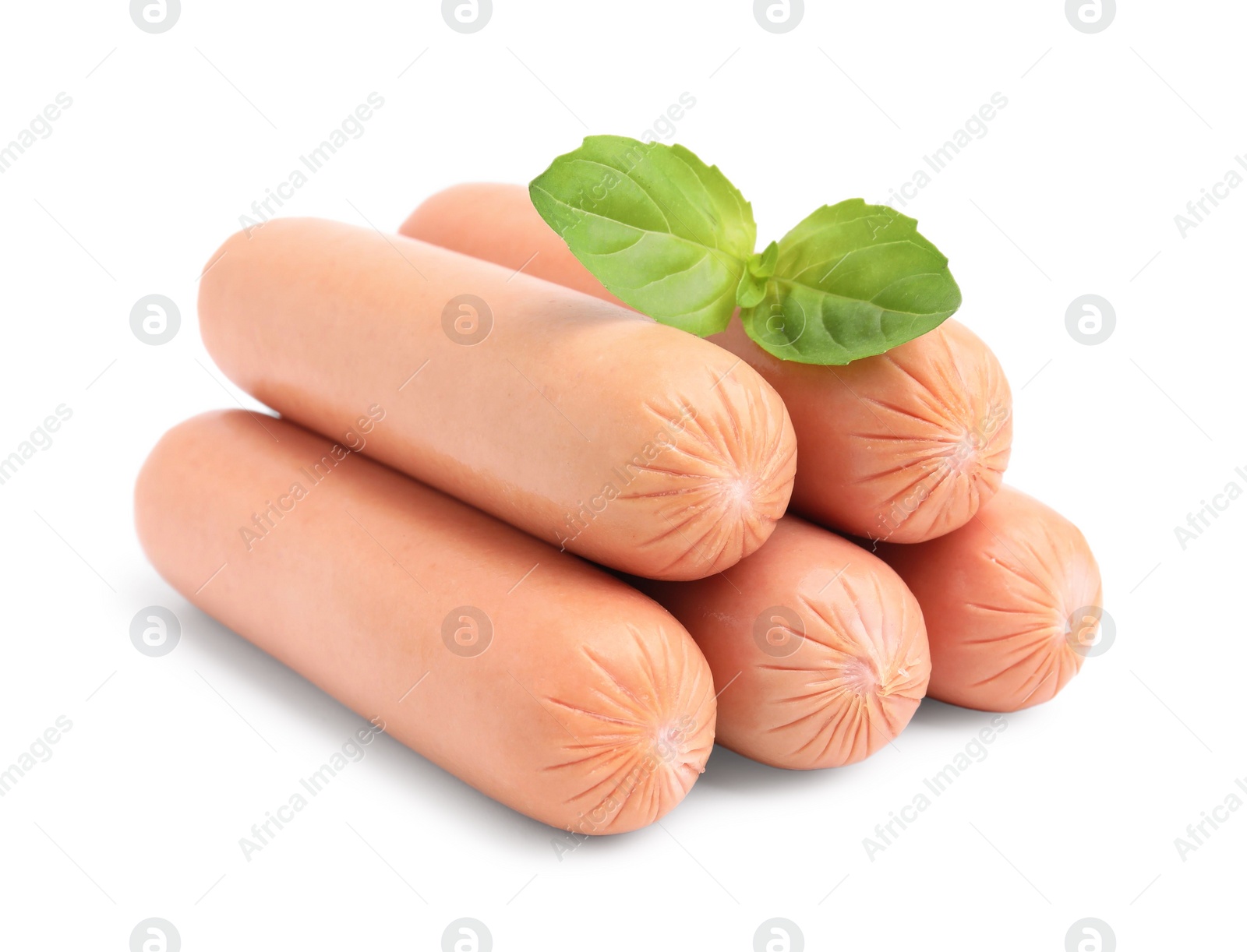 Photo of Many delicious boiled sausages and basil on white background