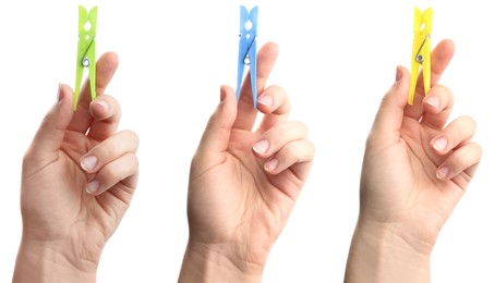 Image of Collage with photos of women holding different bright clothespins on white background, closeup. Banner design