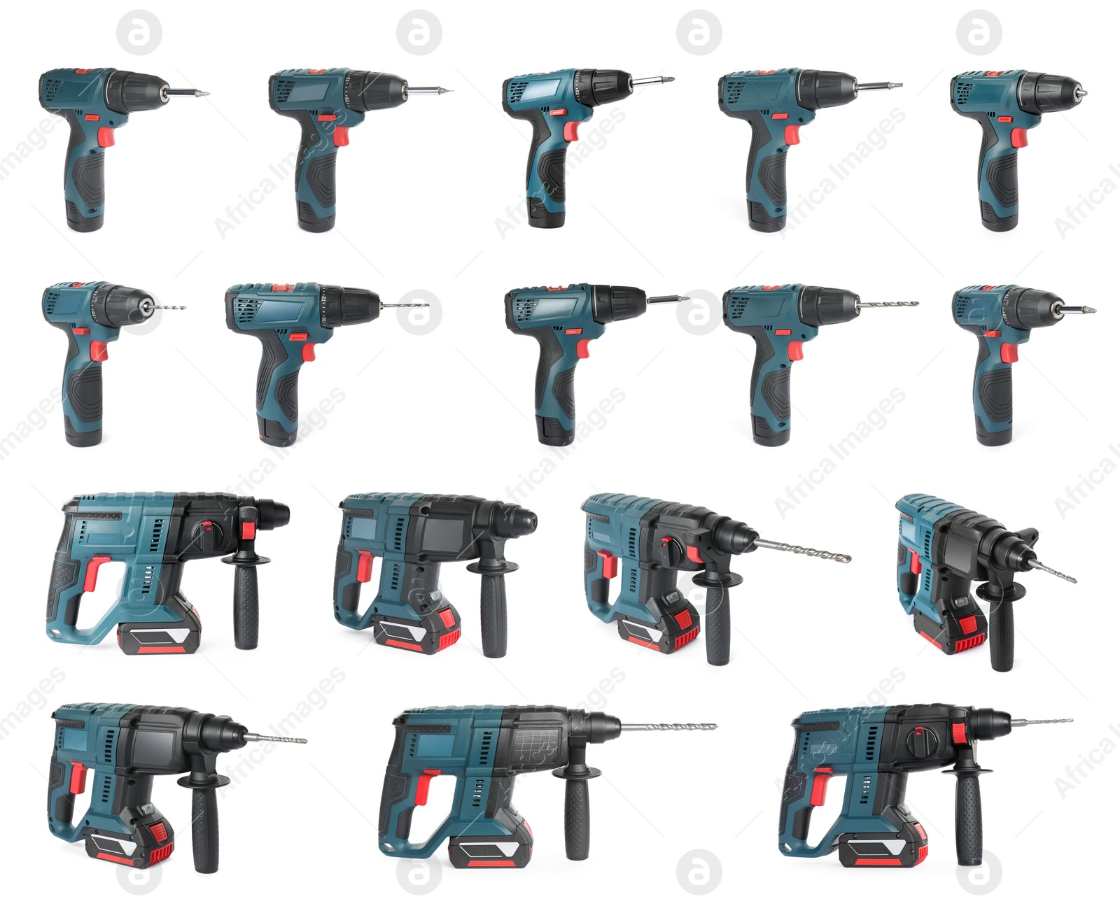 Image of Set of modern electric drills on white background