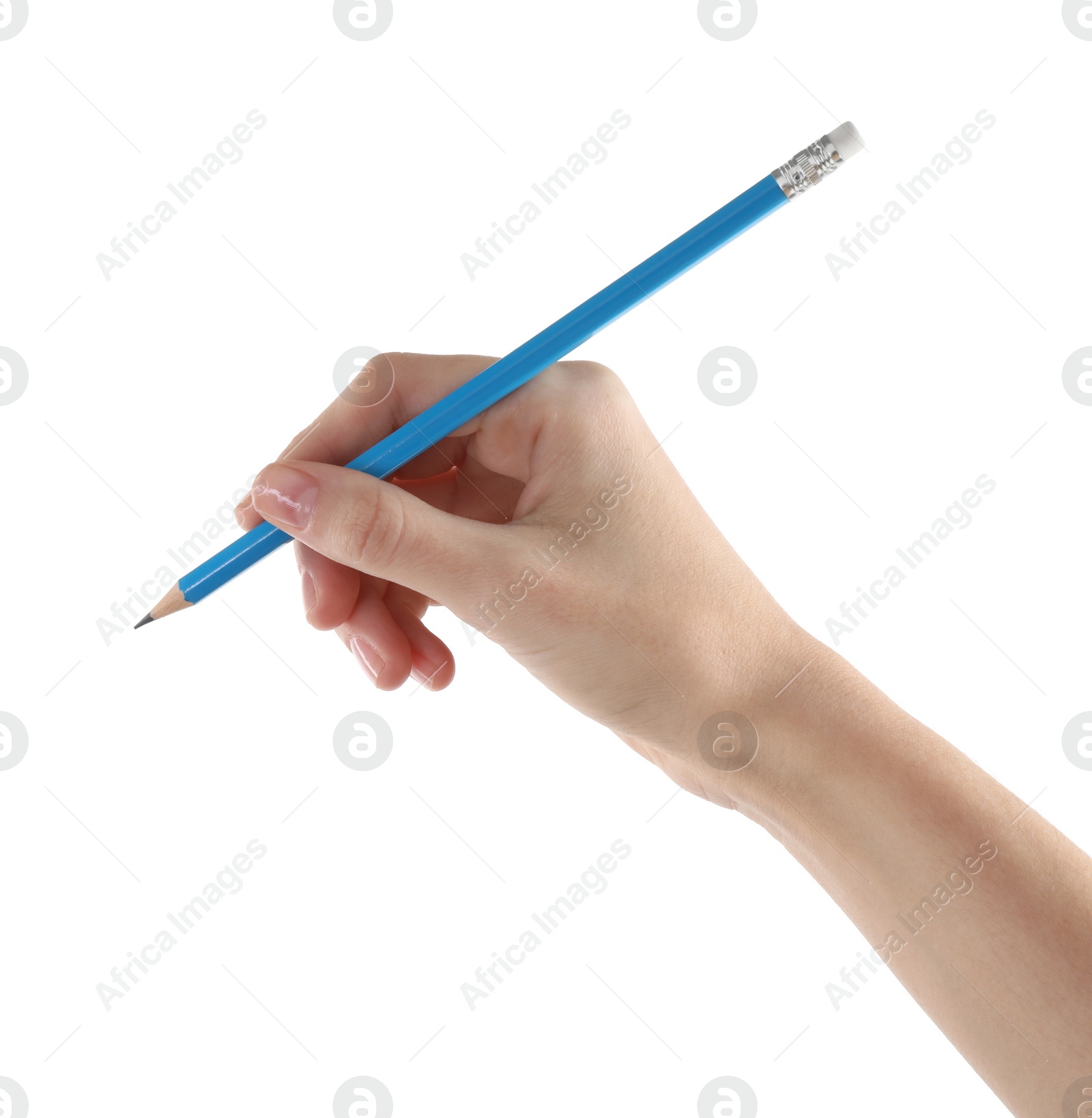 Photo of Woman with graphite pencil on white background, closeup