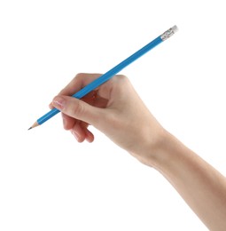 Photo of Woman with graphite pencil on white background, closeup