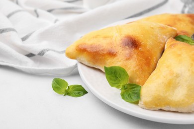 Photo of Delicious samosas and basil on white table, closeup. Space for text