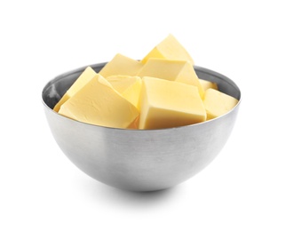 Bowl with cubes of fresh butter on white background