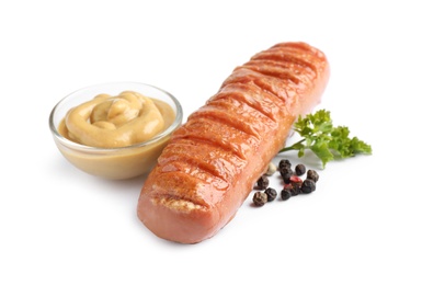 Photo of Delicious grilled sausage and sauce on white background. Barbecue food