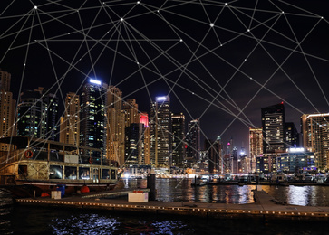 Image of Night cityscape and network connection lines. Cloud technology