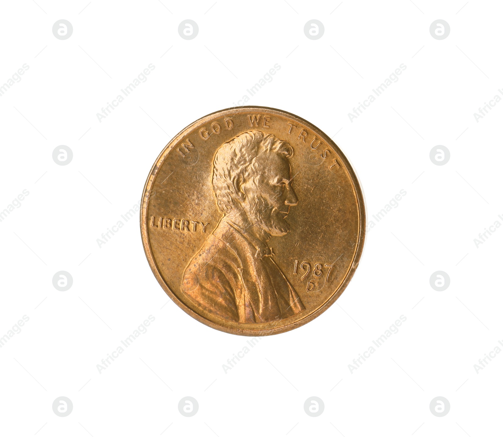 Photo of Shiny USA one cent coin on white background