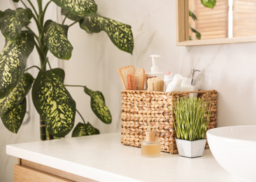 Photo of Green plants and toiletries on white countertop in bathroom. Interior design