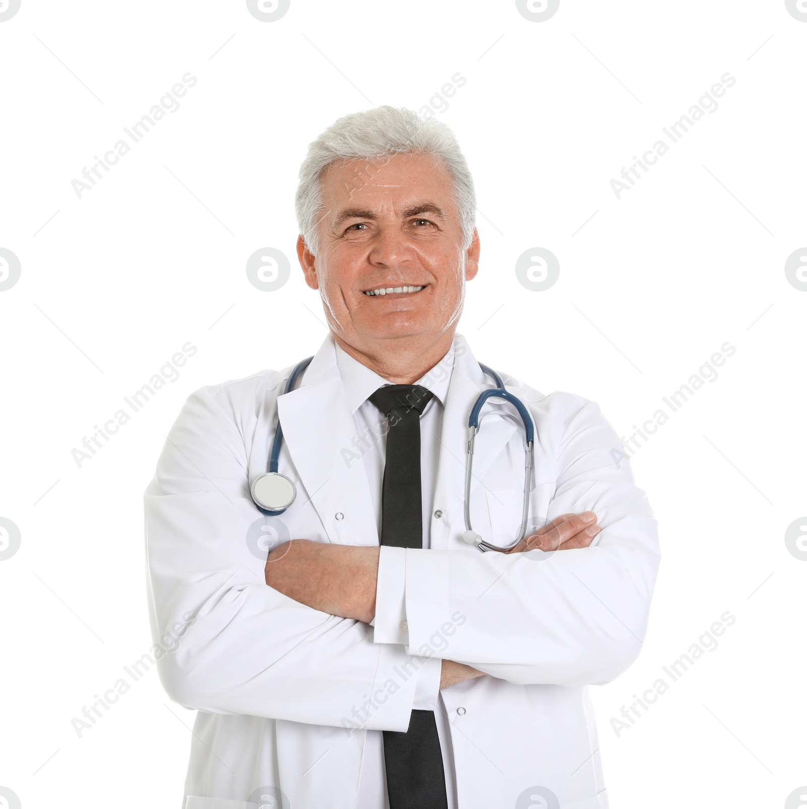 Photo of Portrait of male doctor with stethoscope isolated on white. Medical staff