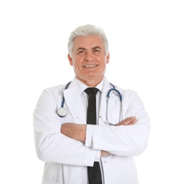 Portrait of male doctor with stethoscope isolated on white. Medical staff