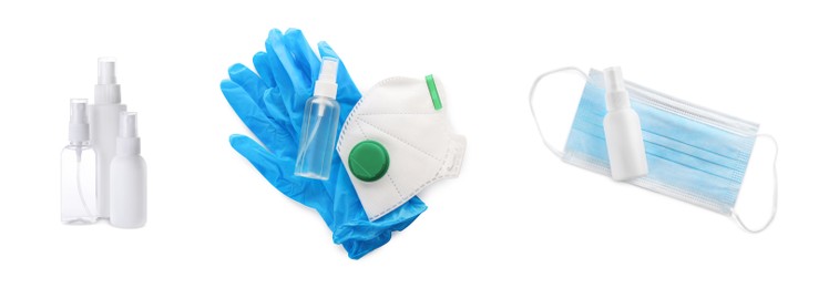 Medical gloves, antiseptic, protective face mask and respirator on white background, collage. Banner design