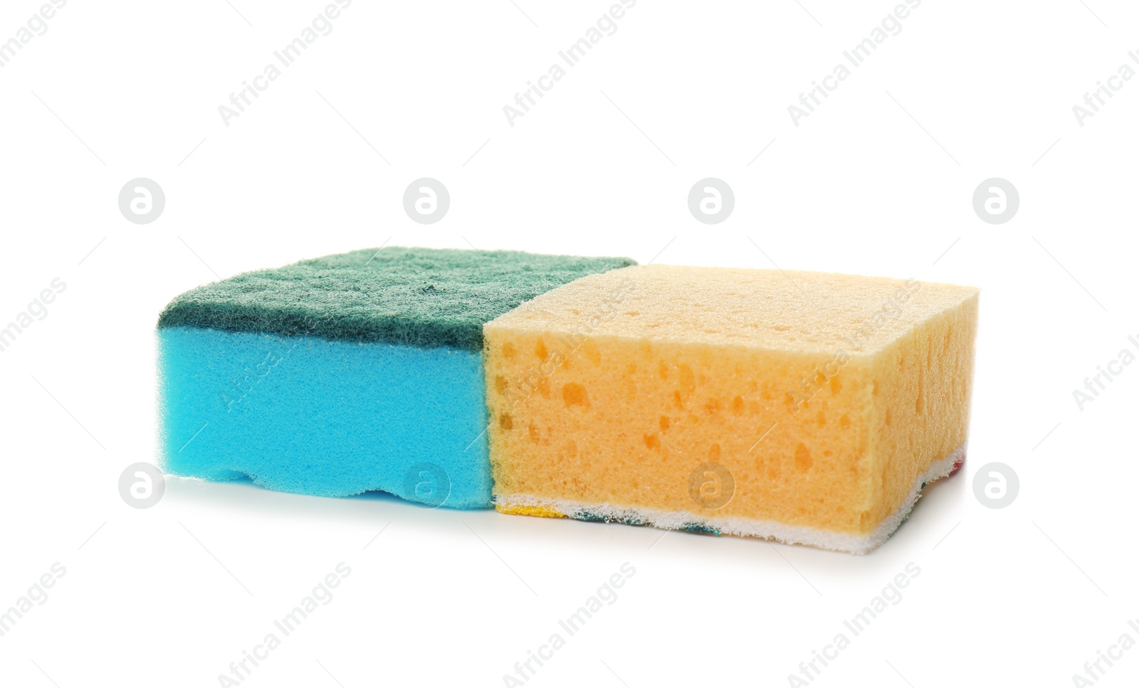 Photo of New sponges on white background. Cleaning supplies