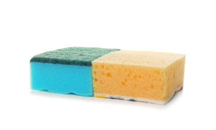 Photo of New sponges on white background. Cleaning supplies