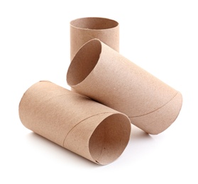 Photo of Empty paper toilet rolls on white background