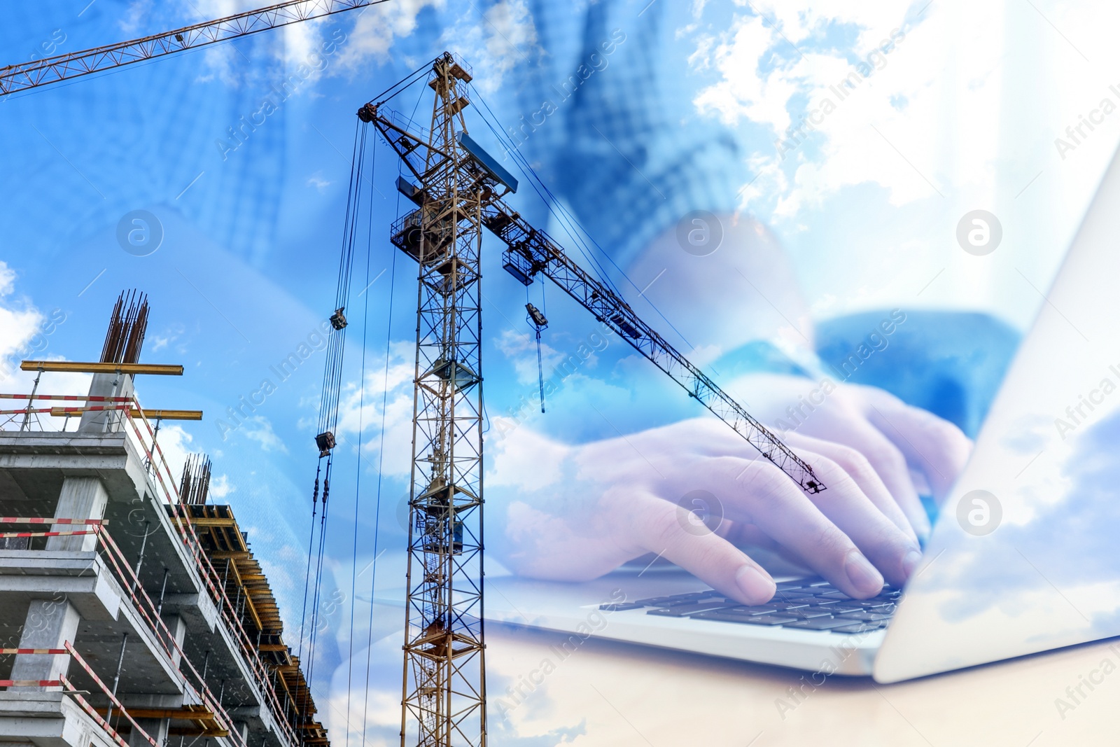 Image of Double exposure of male programmer using laptop and construction site, closeup 