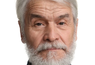 Senior man with mustache on white background