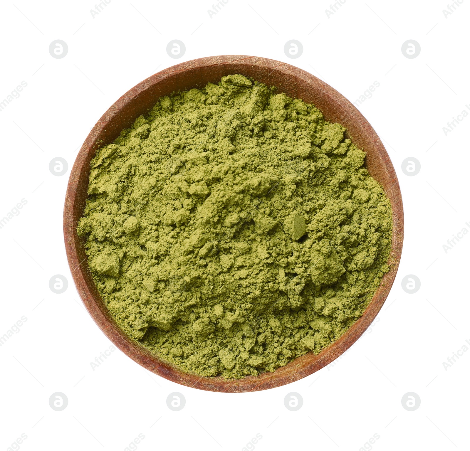 Photo of Henna powder in bowl isolated on white, top view