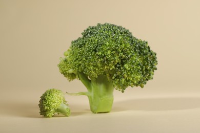 Photo of Fresh raw broccoli on beige background, closeup