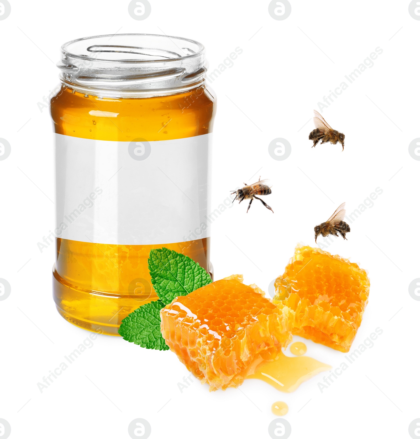 Image of Jar of honey with blank label on white background, mockup for design. Bees flying above pieces of honeycomb