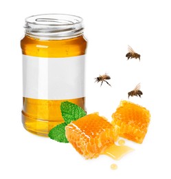 Image of Jar of honey with blank label on white background, mockup for design. Bees flying above pieces of honeycomb