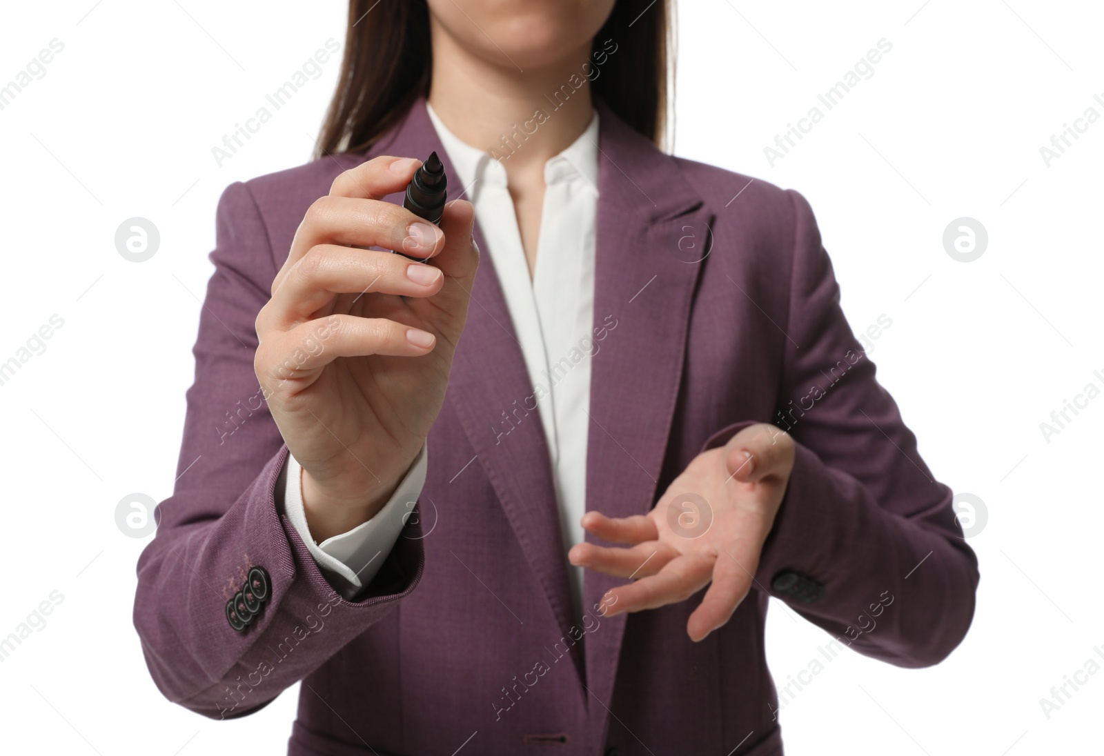 Photo of Businesswoman with marker on white background, closeup