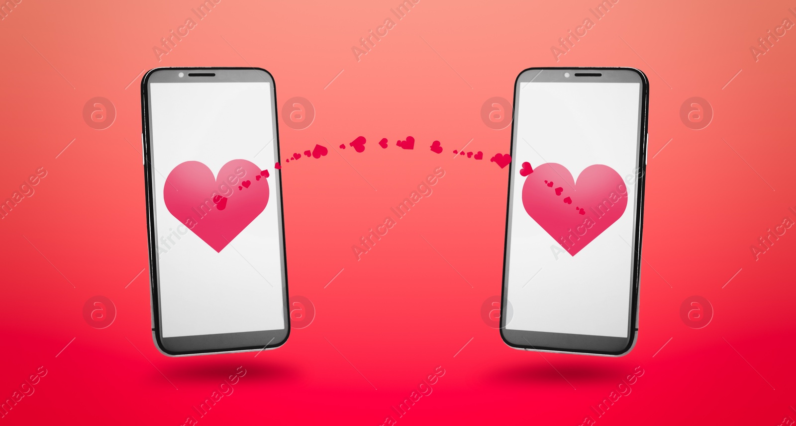 Image of Love in long distance relationship. Many hearts between mobile phones on red gradient background, banner design