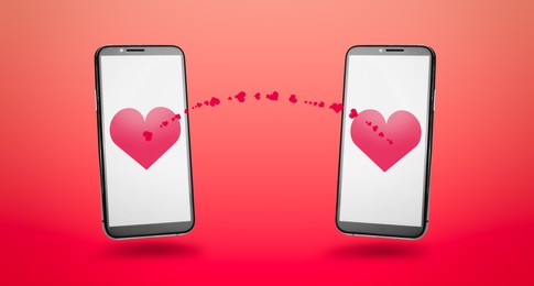 Image of Love in long distance relationship. Many hearts between mobile phones on red gradient background, banner design