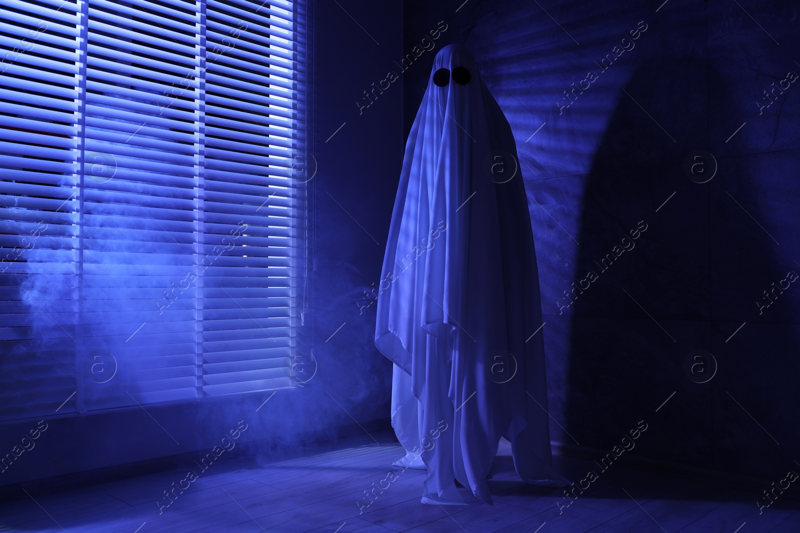 Photo of Creepy ghost. Woman covered with sheet near window in blue light