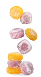 Image of Delicious mochi falling on white background. Vertical banner design