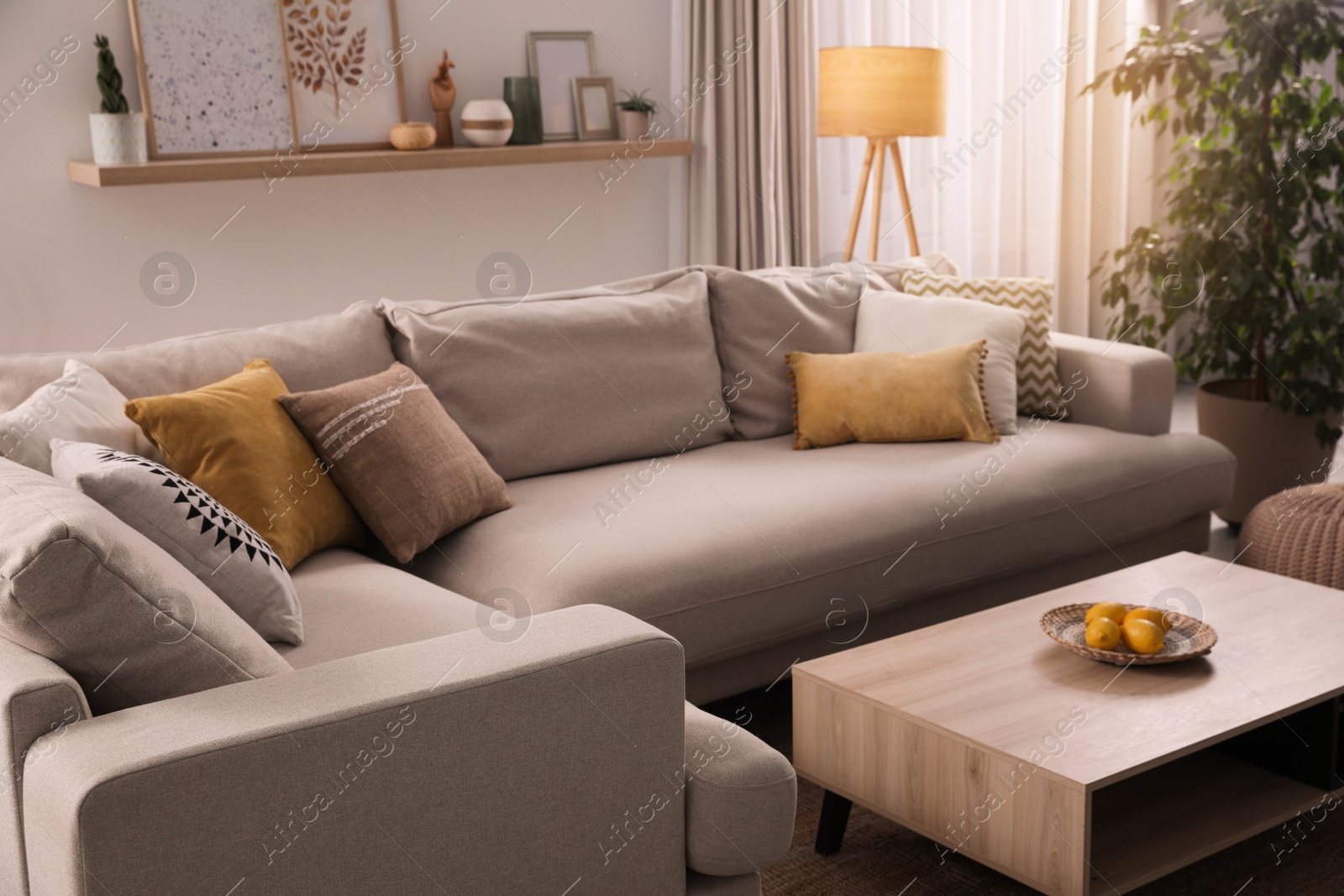 Photo of Stylish living room interior with comfortable grey sofa and coffee table