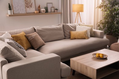 Stylish living room interior with comfortable grey sofa and coffee table