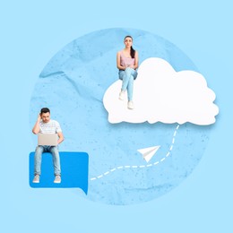 Image of Dialogue. Man with laptop sitting on speech bubble and woman sitting on cloud illustration on light blue background